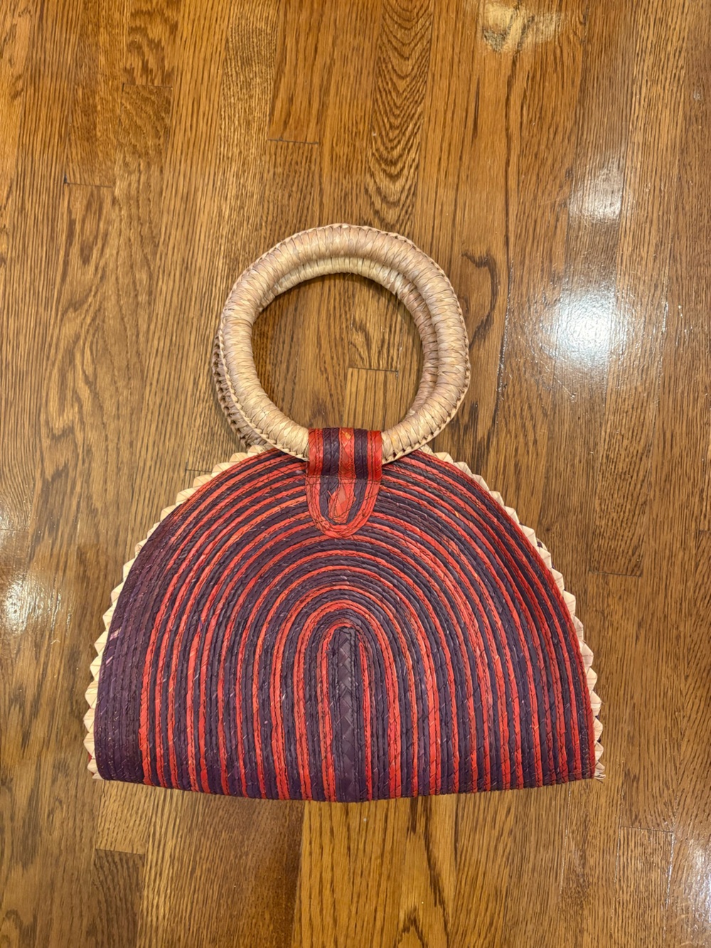 Vintage Woven Handbag with Red and Burgundy Stripes